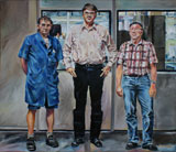 So 140511, drei Männer im Betrieb, im Hintergrund Büros, gemalt mit Ölfarben